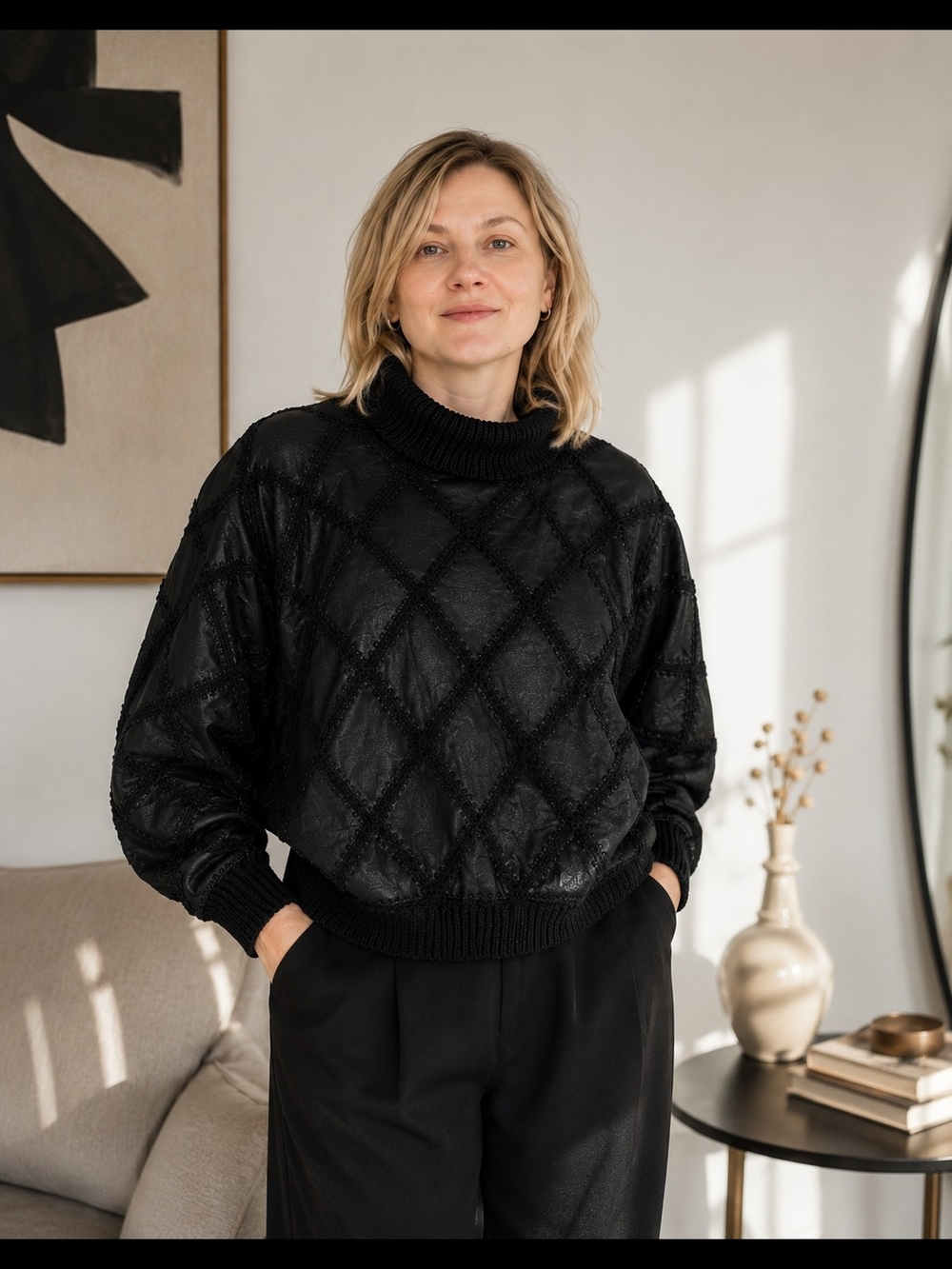 Vintage Black Leather Batwing Sweater | Handmade Artisan Dolman Top M - Picture 10 of 11
